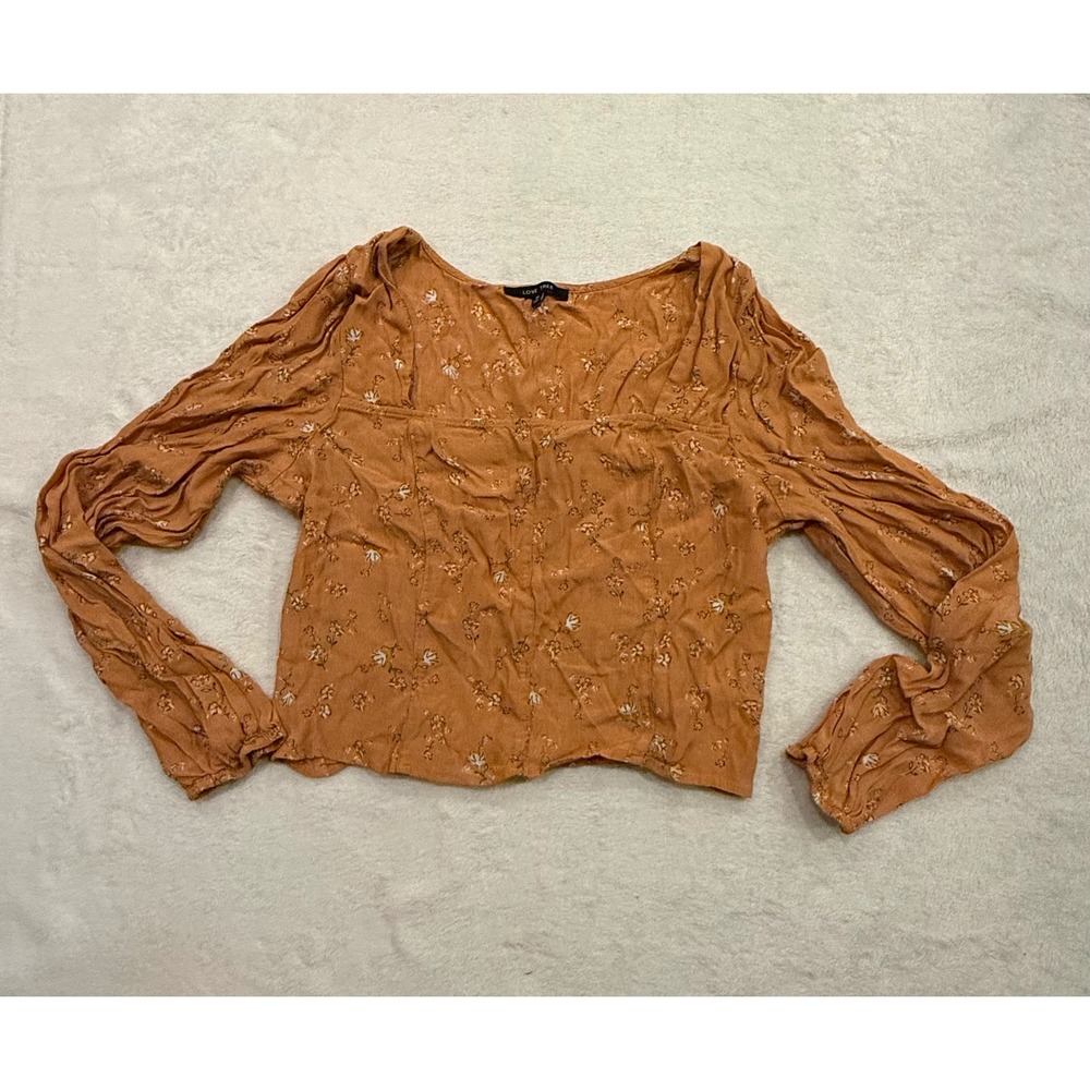 Love Tree Womens Floral Square Neck Long Sleeve Blouse Terracotta Orange Medium